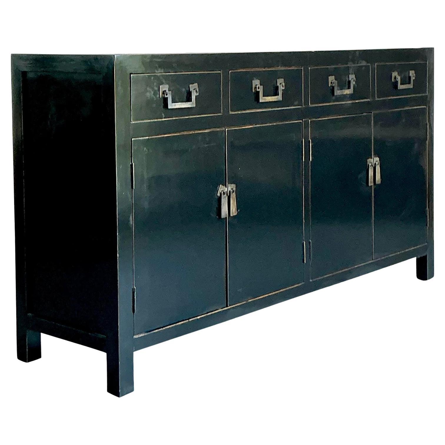 Vintage Asian Black Lacquered Credenza