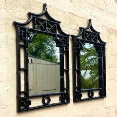 Vintage Asian Black Lacquered Pagoda Mirrors, a Pair