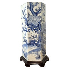 Vintage Asian Blossom Blue and White Umbrella Stand