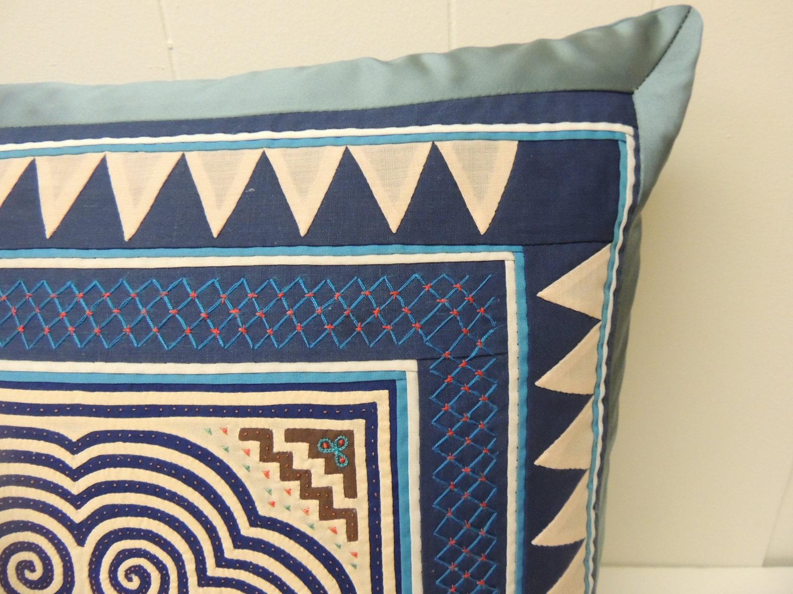Tribal Vintage Asian Blue and Purple Applique Embroidered Square Pillow