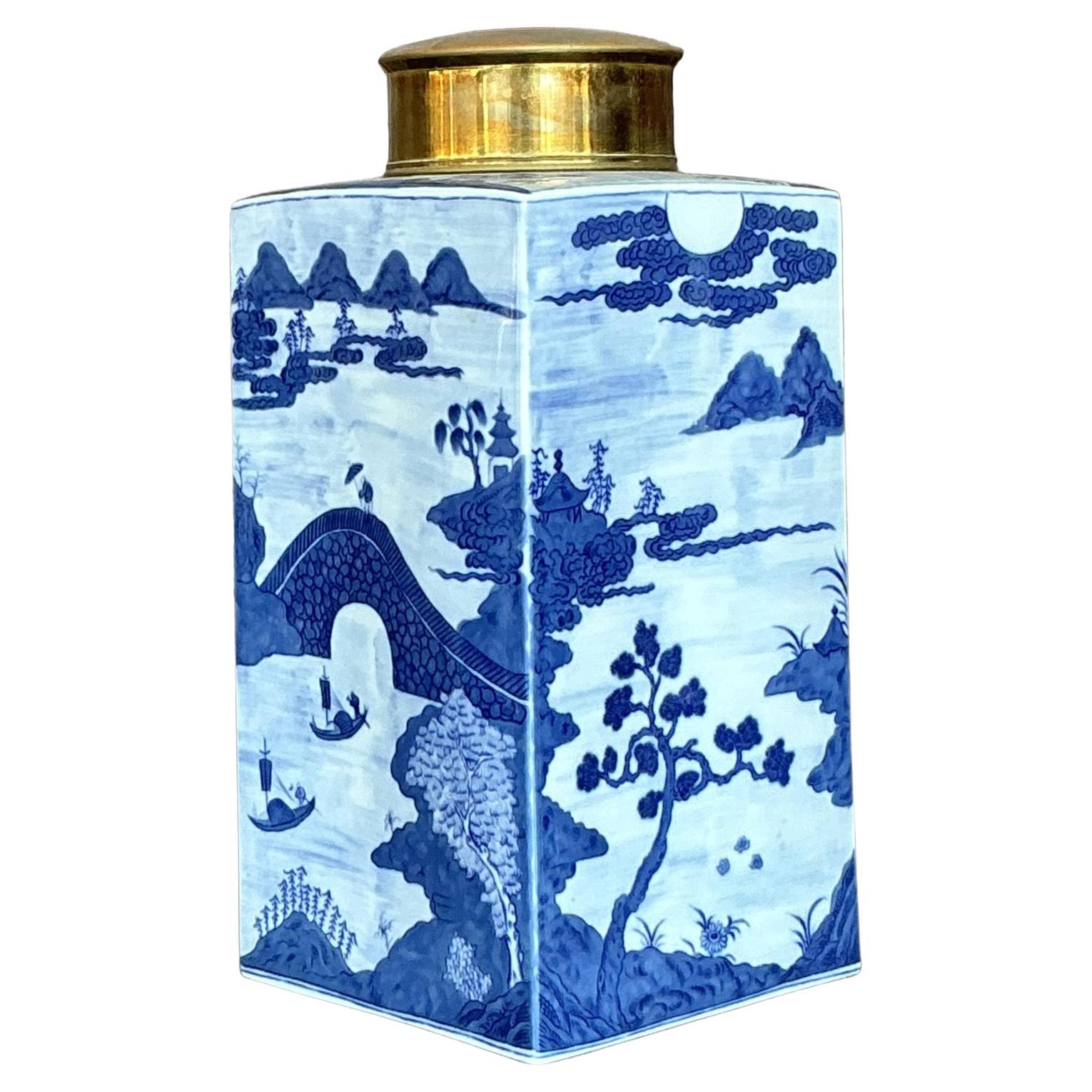 Vintage Asian Blau und Weiß Messing Kappe Ingwer Jar