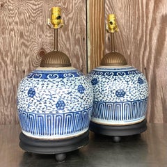 Vintage Asian Blue and White Ceramic Lamps - a Pair