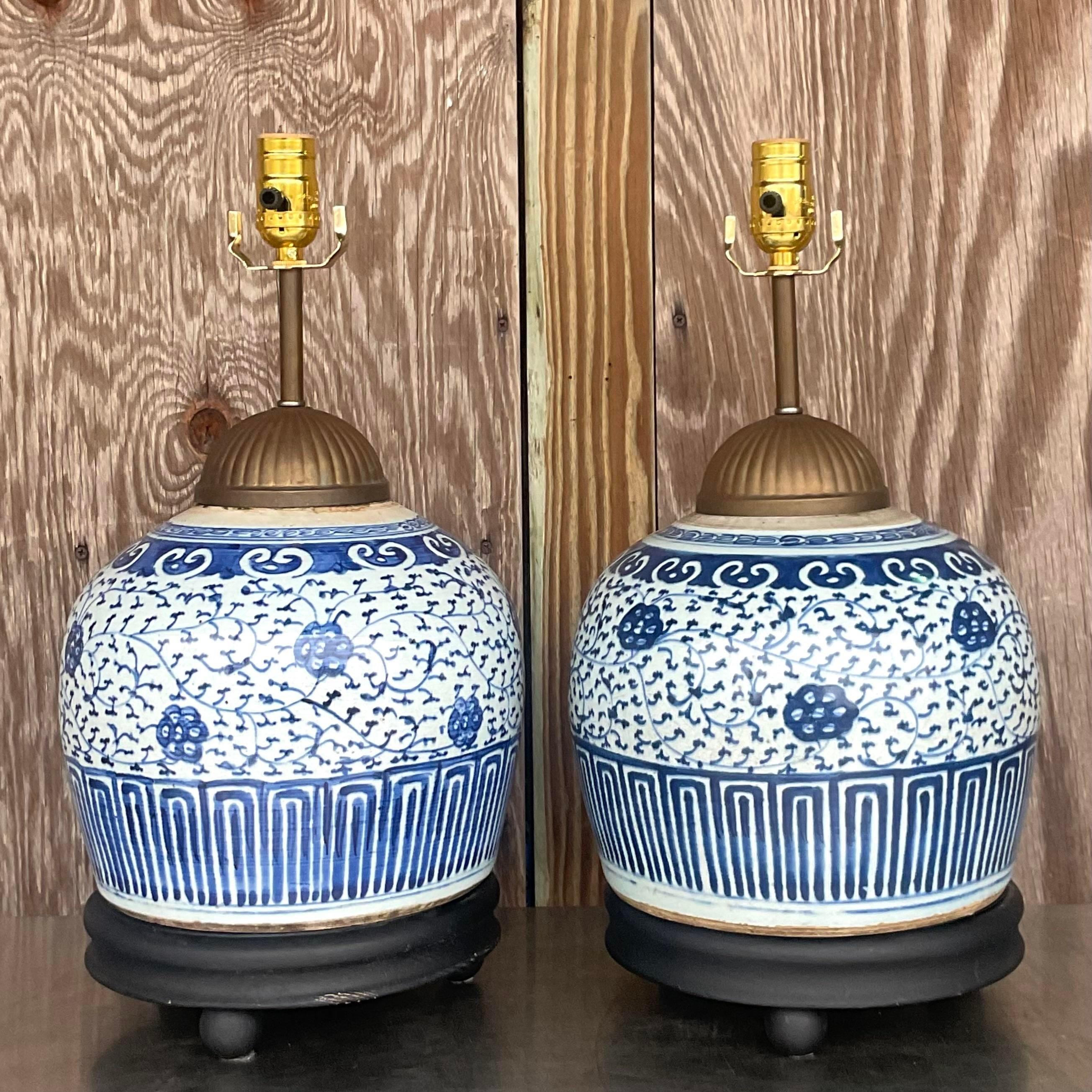 Metal Vintage Asian Blue and White Ceramic Lamps - a Pair For Sale