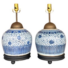 Retro Asian Blue and White Ceramic Lamps - a Pair