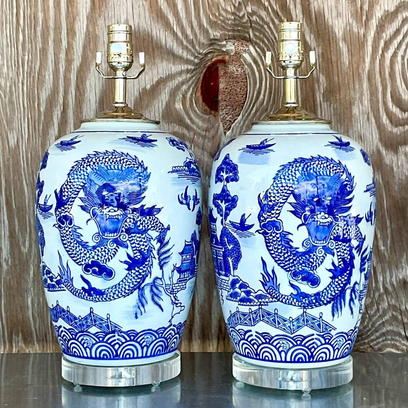 Vintage Asian Blue and White Dragon Ceramic Lamps, a Pair 1