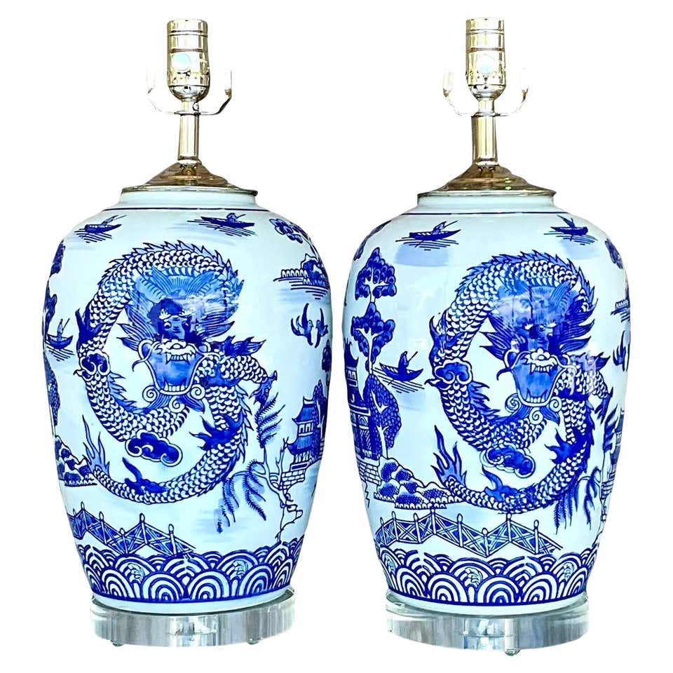 Vintage Asian Blue and White Lamps, a Pair For Sale at 1stDibs