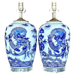 Vintage Asian Blue and White Dragon Ceramic Lamps, a Pair