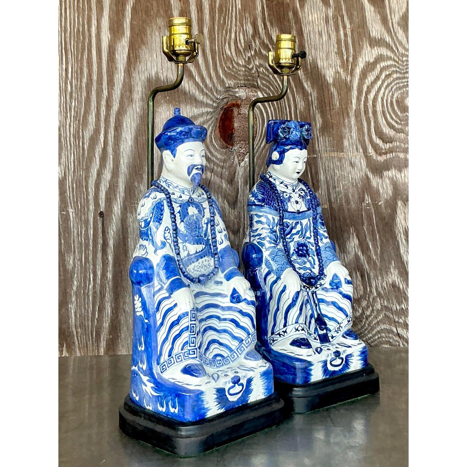 Chinoiserie Vintage Asian Blue and White Emperor Lamps - A Pair For Sale