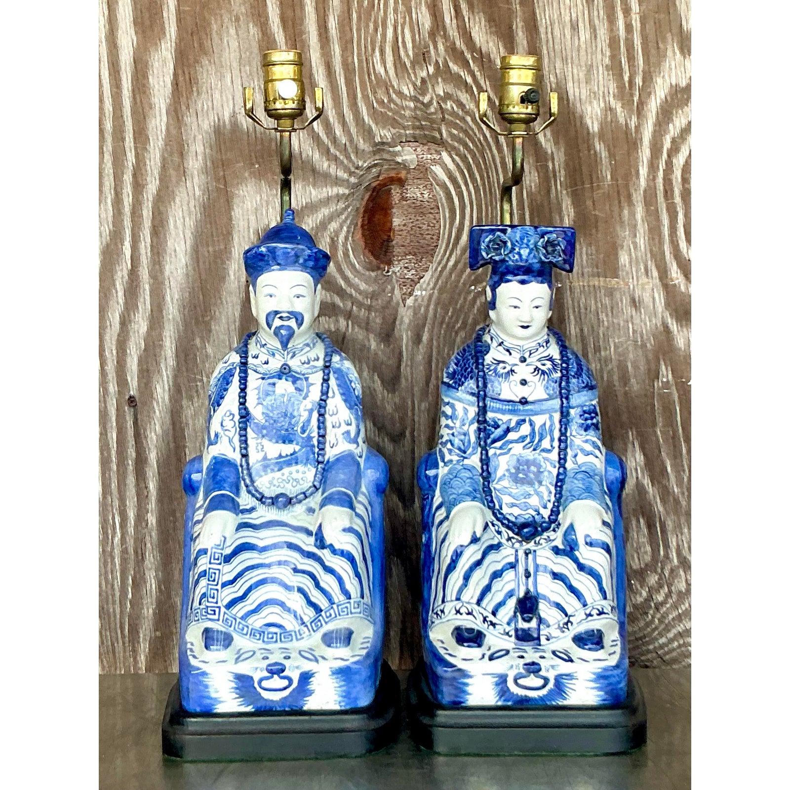Chinese Vintage Asian Blue and White Emperor Lamps - A Pair For Sale