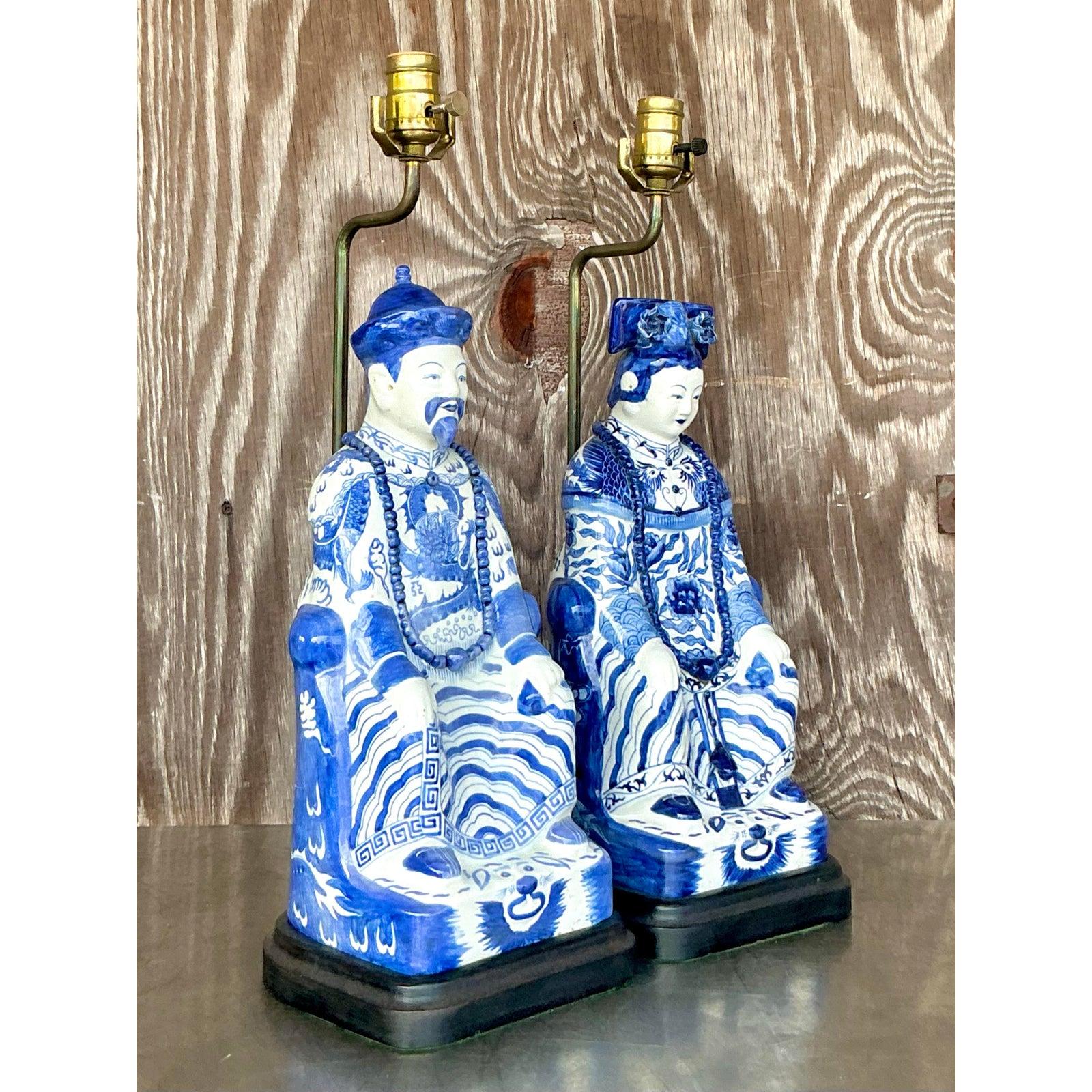 20th Century Vintage Asian Blue and White Emperor Lamps - A Pair For Sale