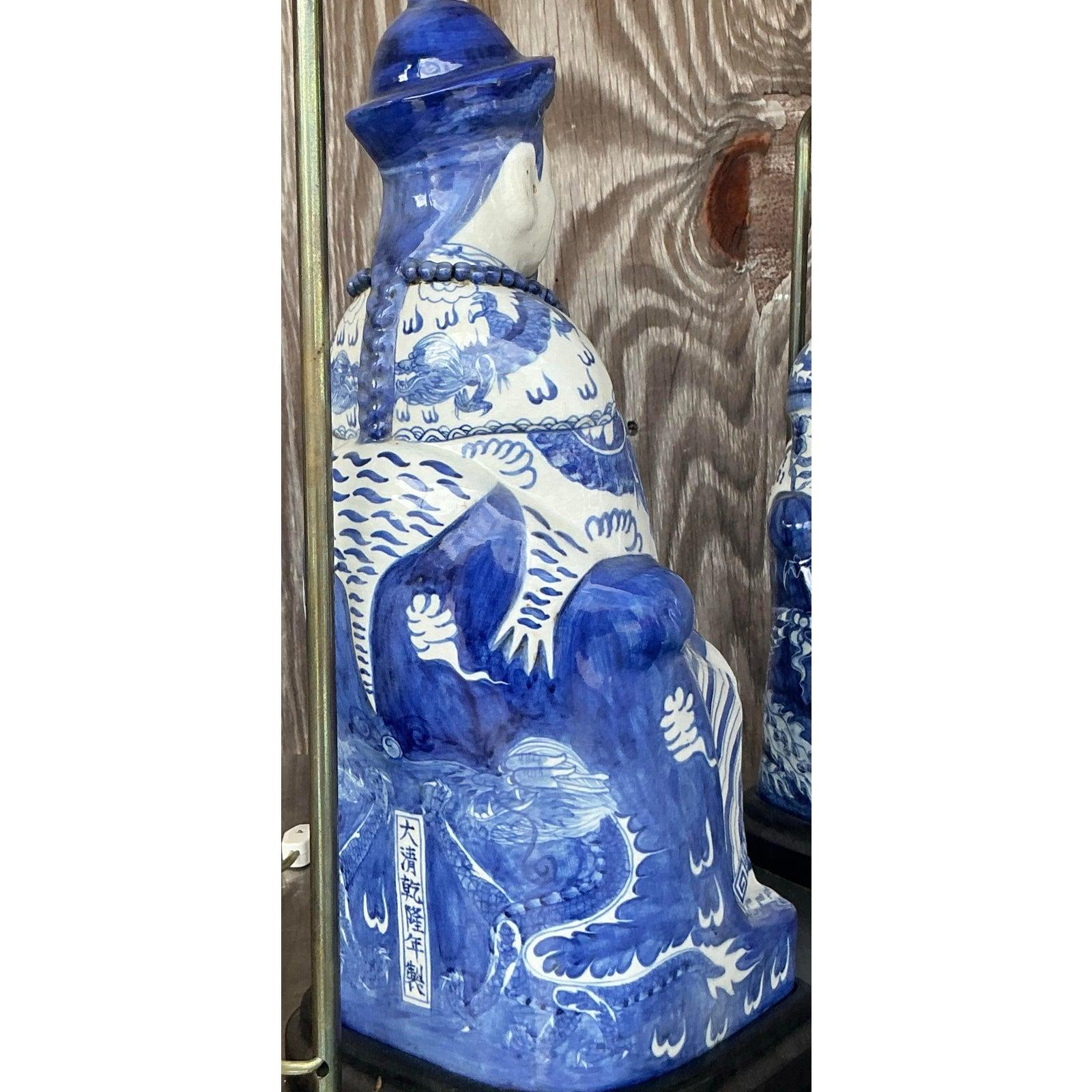 Brass Vintage Asian Blue and White Emperor Lamps - A Pair For Sale
