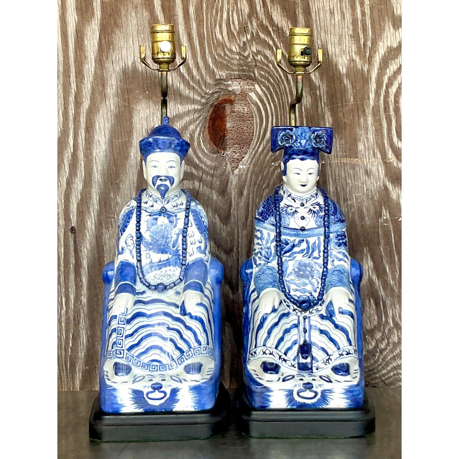 Vintage Asian Blue and White Emperor Lamps - A Pair For Sale 1