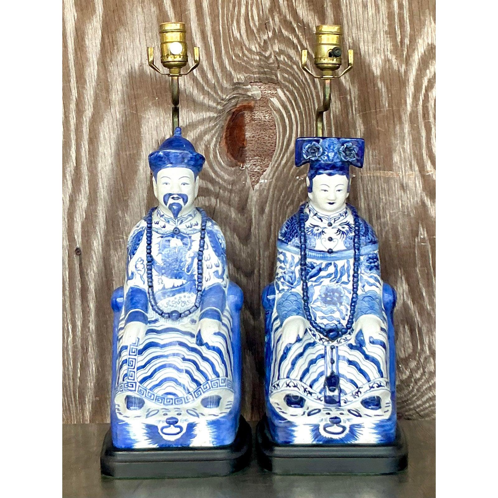 Vintage Asian Blue and White Emperor Lamps - A Pair For Sale 2