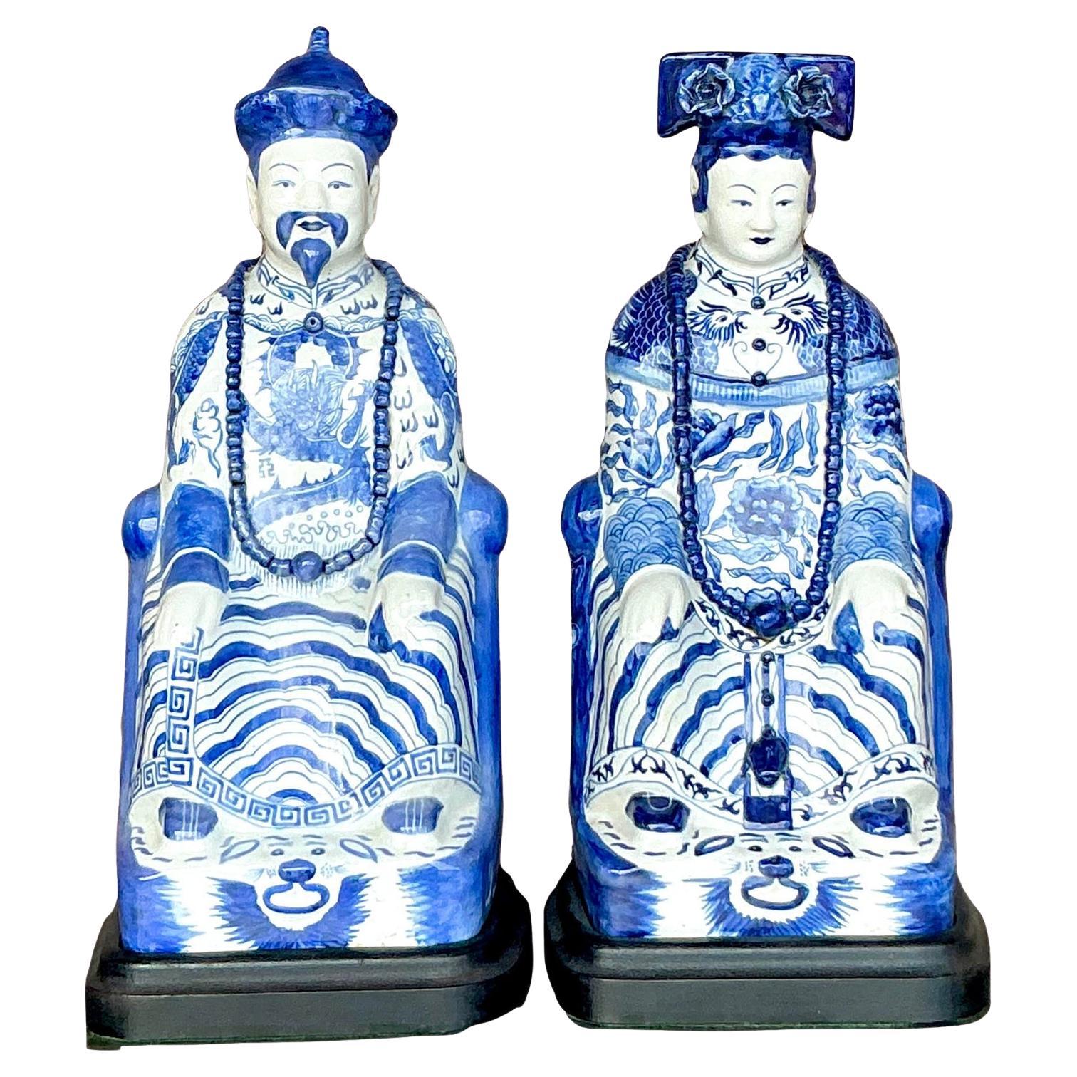 Vintage Asian Blue and White Emperor Lamps - A Pair