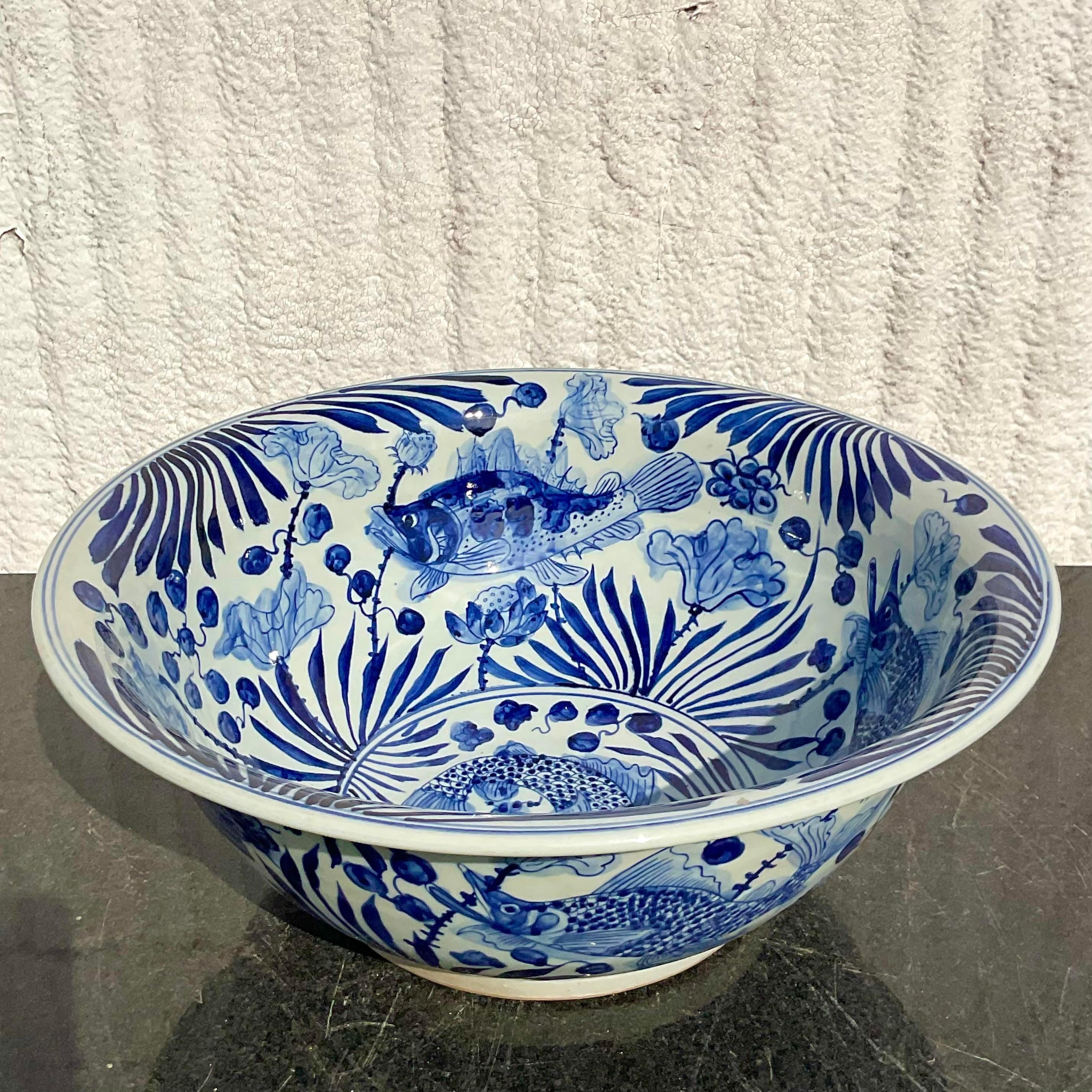 Vintage Asian Blue and White Fish Centerpiece Bowl In Good Condition In west palm beach, FL