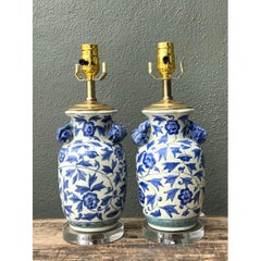 Vintage Asian Blue and White Floral Ceramic Lamps - A Pair