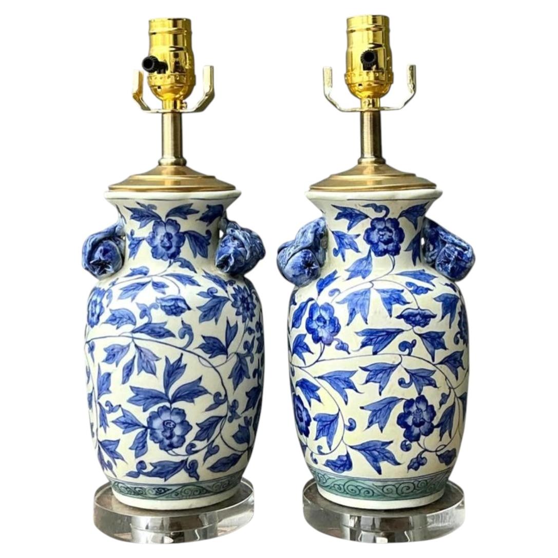 Vintage Asian Blue and White Floral Ceramic Lamps - A Pair