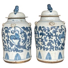 Antique Asian Blue and White Foo Dog Urns - a Pair
