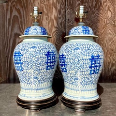 Vintage Asian Blue and White Ginger Jar Lamps - a Pair