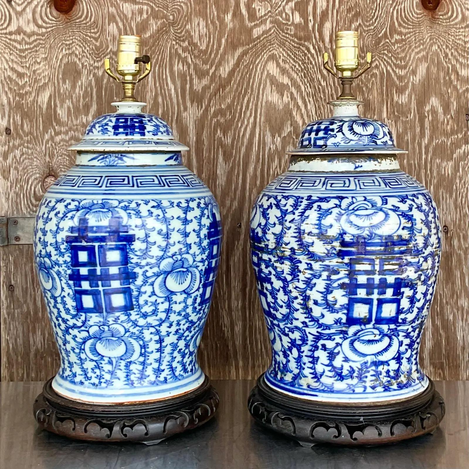North American Vintage Asian Blue and White Ginger Jar Lamps, a Pair