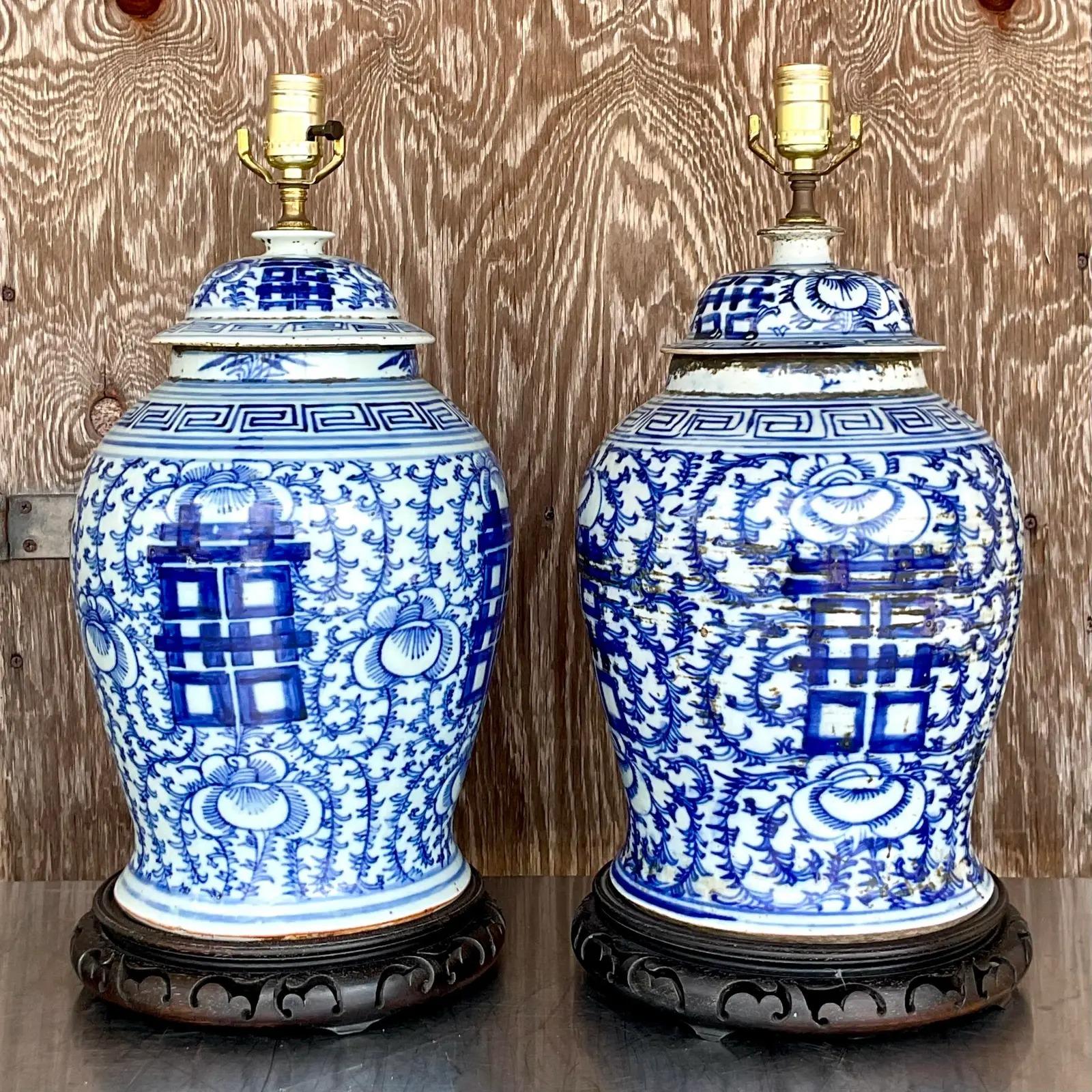 Vintage Asian Blue and White Ginger Jar Lamps, a Pair In Good Condition In west palm beach, FL