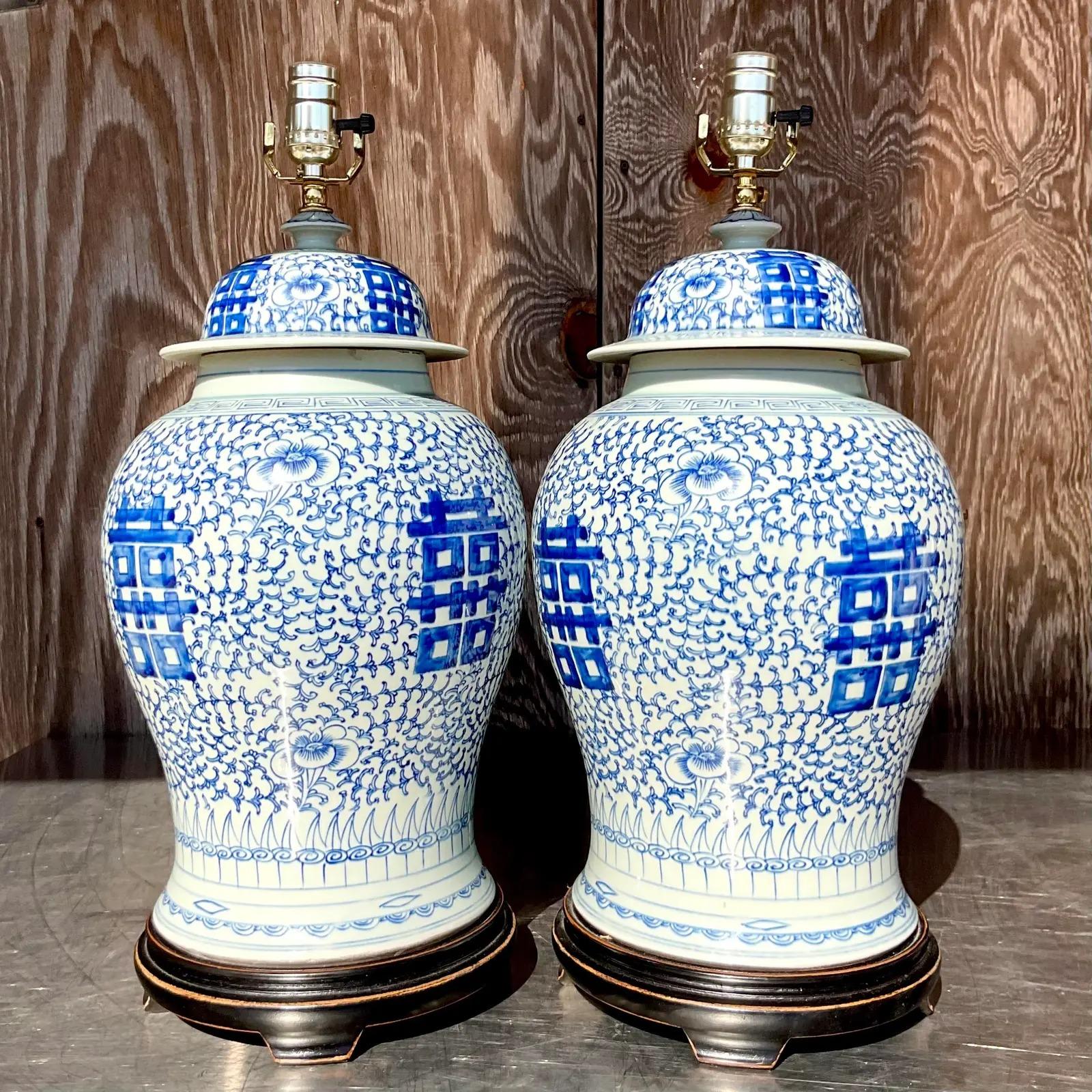Vintage Asian Blue and White Ginger Jar Lamps - a Pair In Good Condition In west palm beach, FL