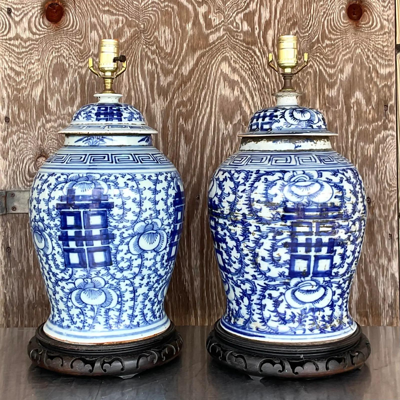 20th Century Vintage Asian Blue and White Ginger Jar Lamps, a Pair