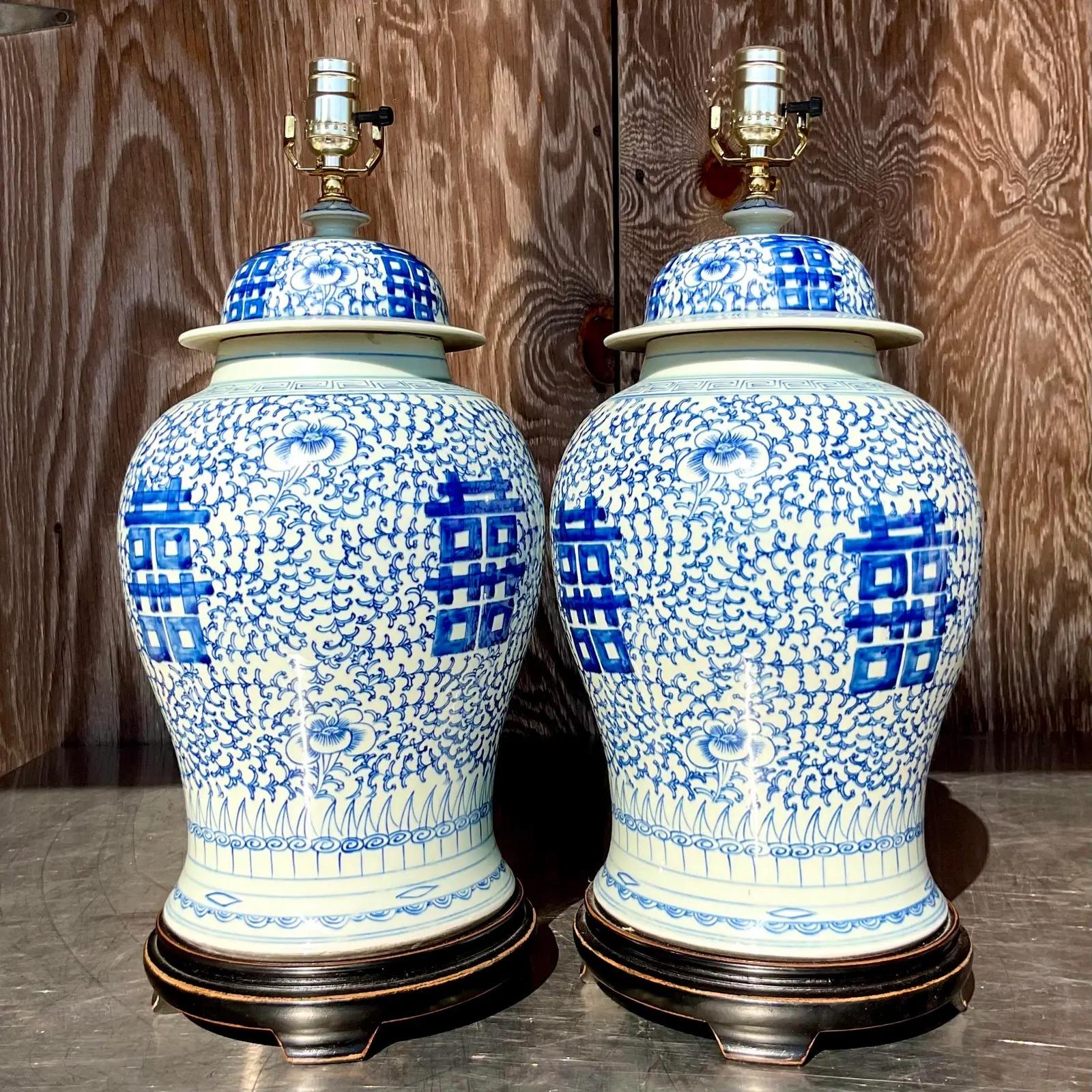 20th Century Vintage Asian Blue and White Ginger Jar Lamps - a Pair