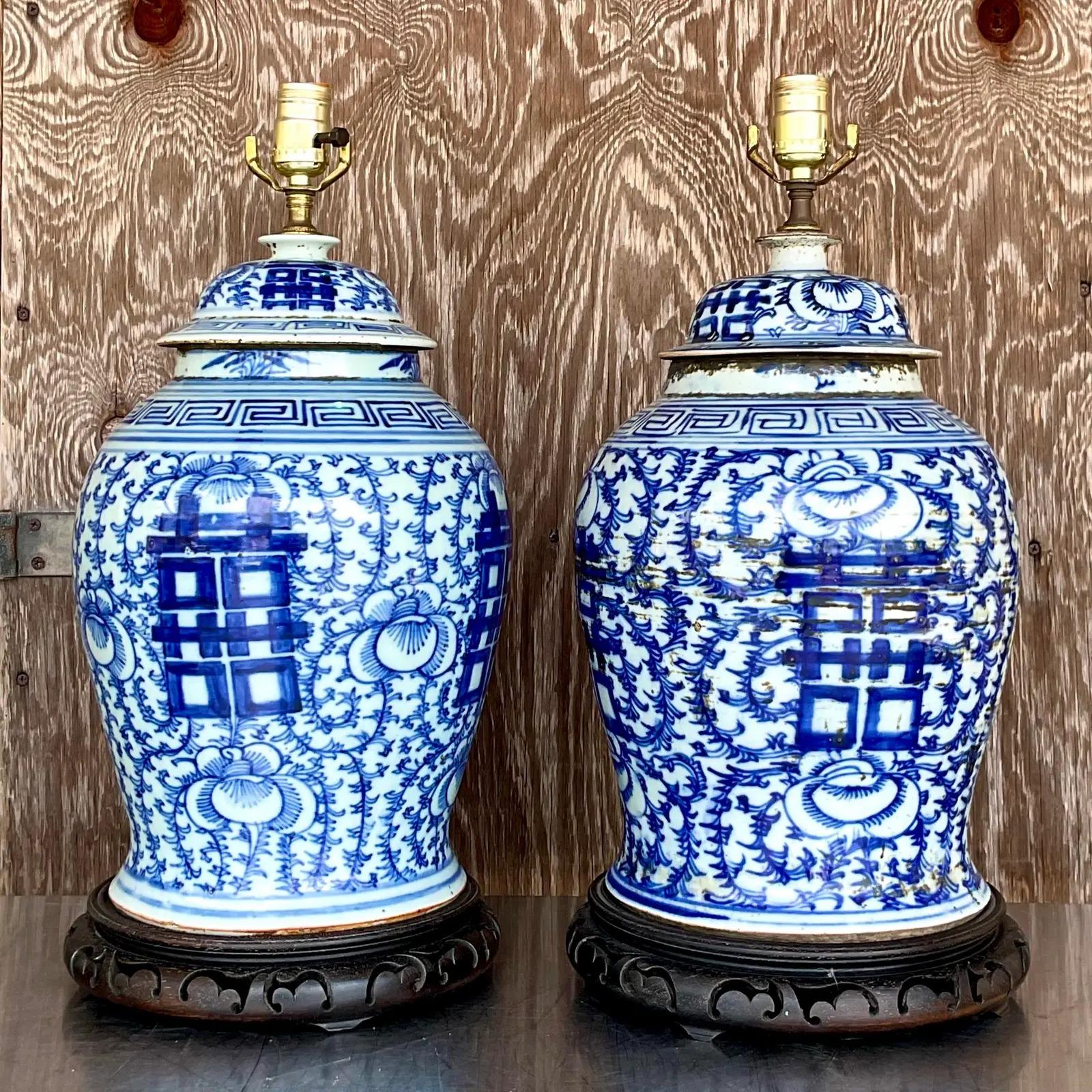 Pottery Vintage Asian Blue and White Ginger Jar Lamps, a Pair