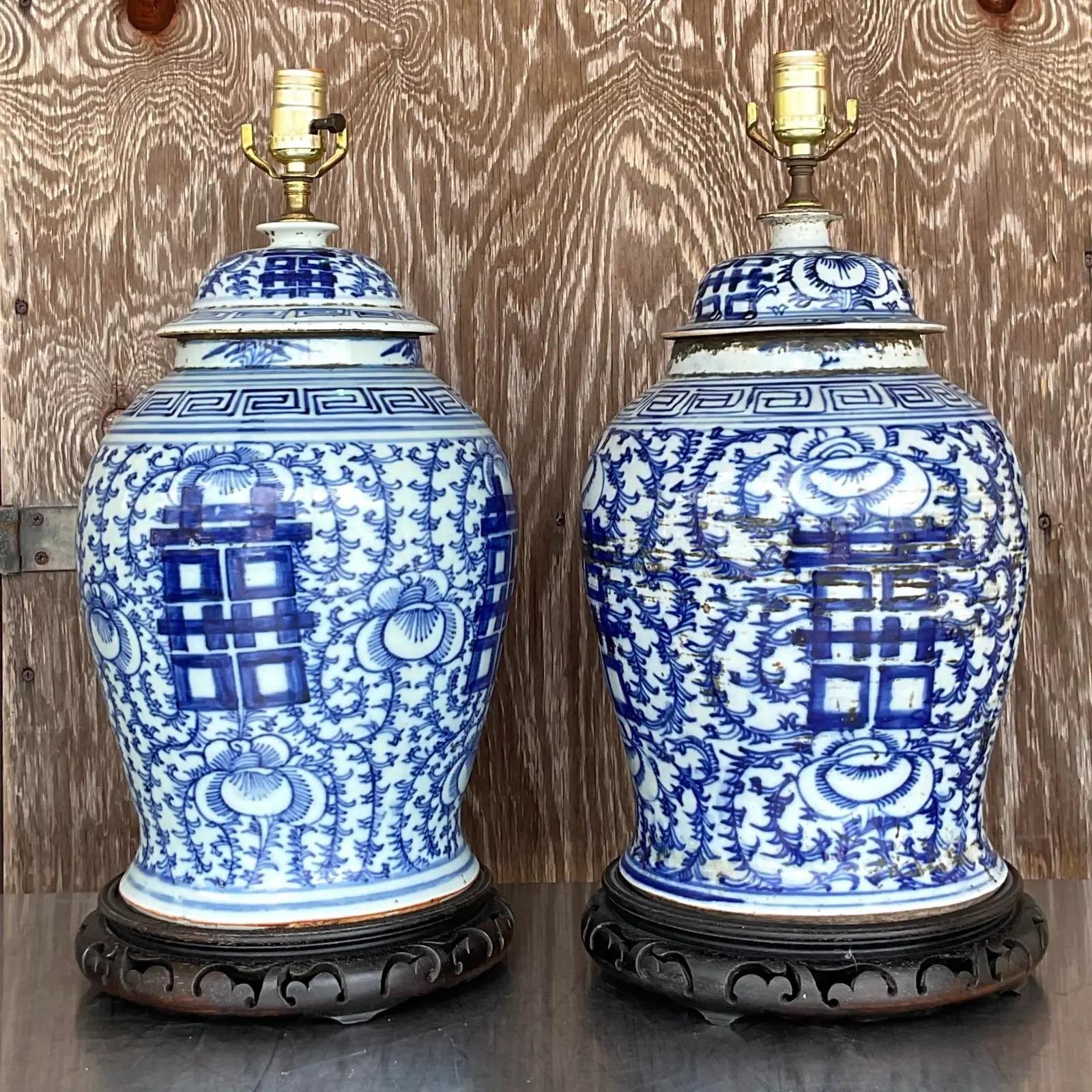 Vintage Asian Blue and White Ginger Jar Lamps, a Pair 1