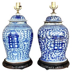 Vintage Asian Blue and White Ginger Jar Lamps, a Pair