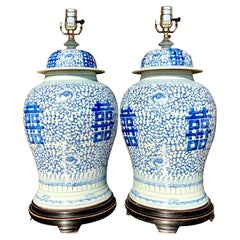 Vintage Asian Blue and White Ginger Jar Lamps - a Pair