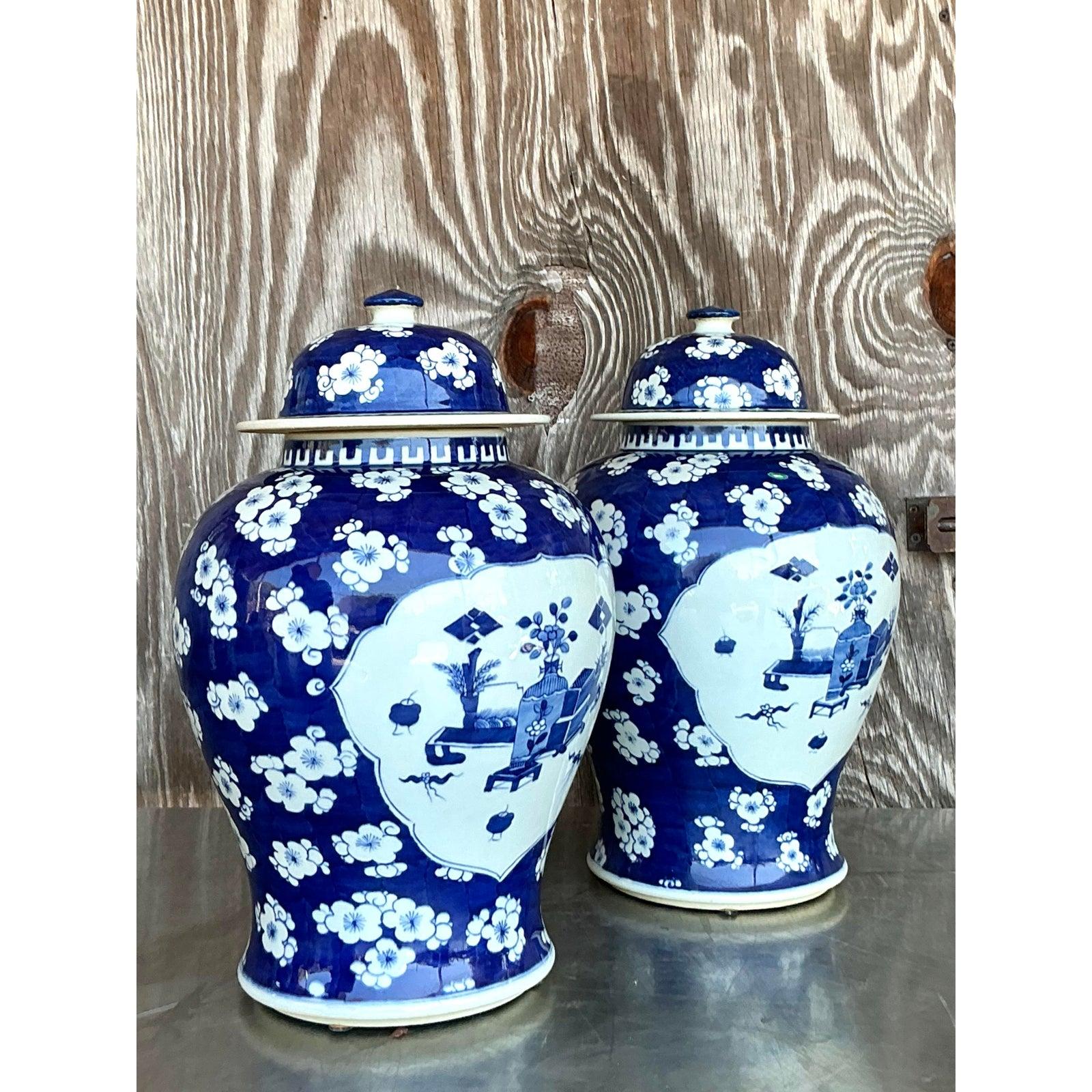 Paire de pots à gingembre asiatiques bleu et blanc en vente 1