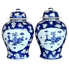 Asiatische blau-weiße Vintage- Ingwergefäße in Blau und Weiß - Ein Paar