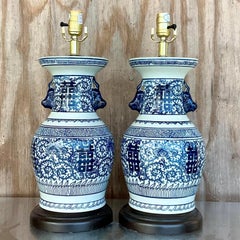 Vintage Asian Blue and White Glazed Ceramic Lamps - a Pair