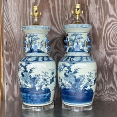 Vintage Asian Blue and White Glazed Ceramic Lamps - a Pair