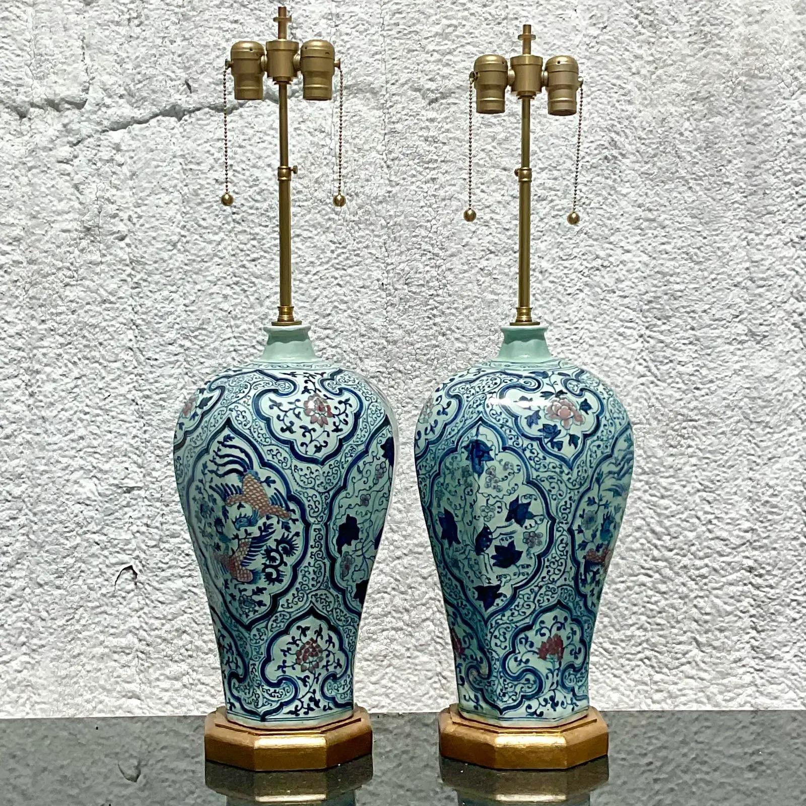 North American Vintage Asian Blue and White Glazed Ceramic Lamps, a Pair