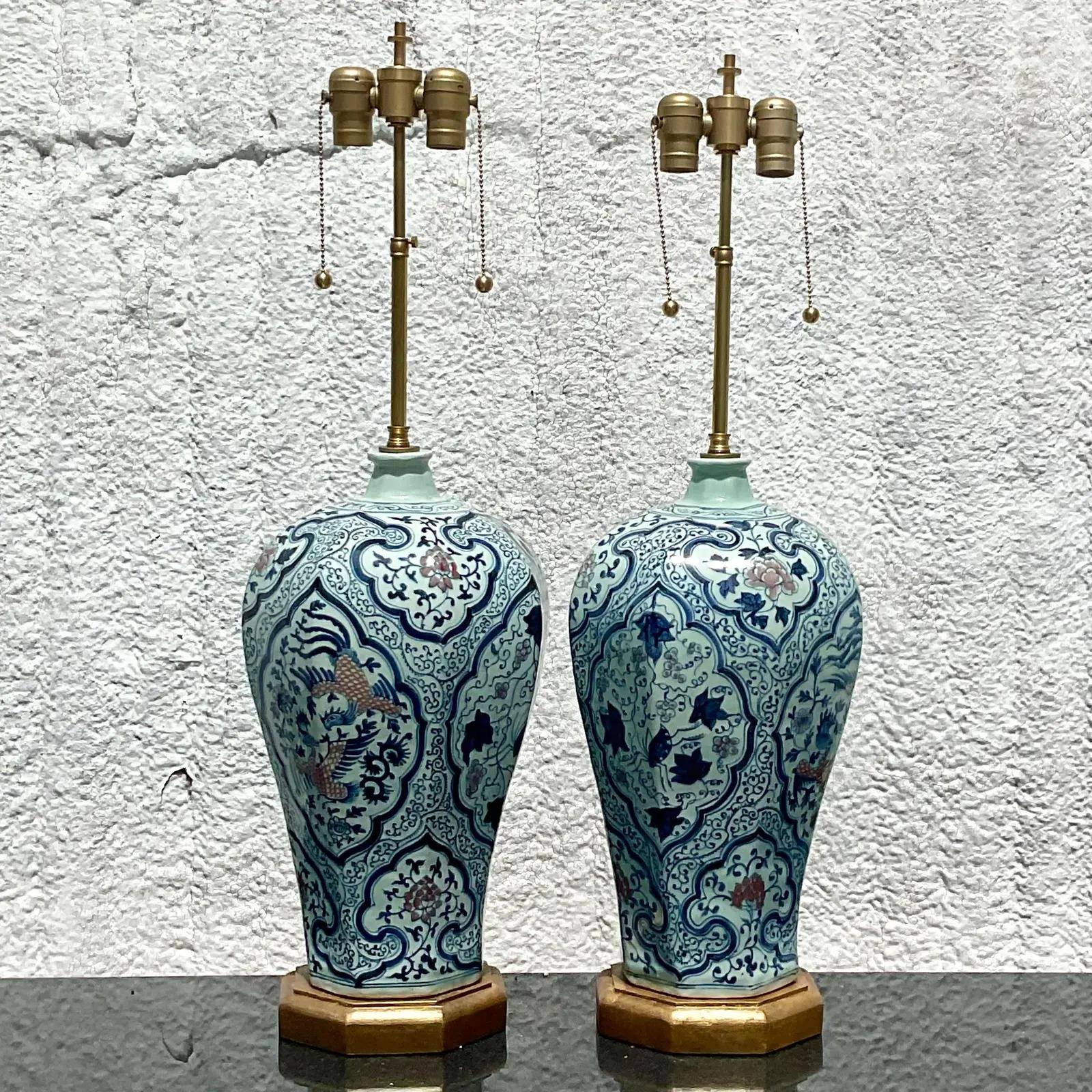 Vintage Asian Blue and White Glazed Ceramic Lamps, a Pair In Good Condition In west palm beach, FL