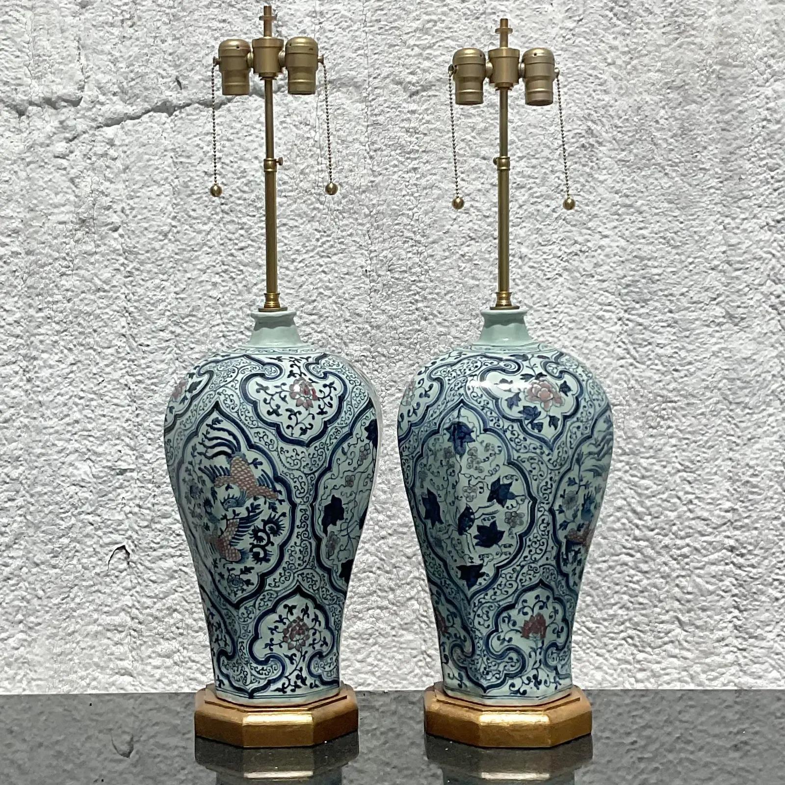 20th Century Vintage Asian Blue and White Glazed Ceramic Lamps, a Pair