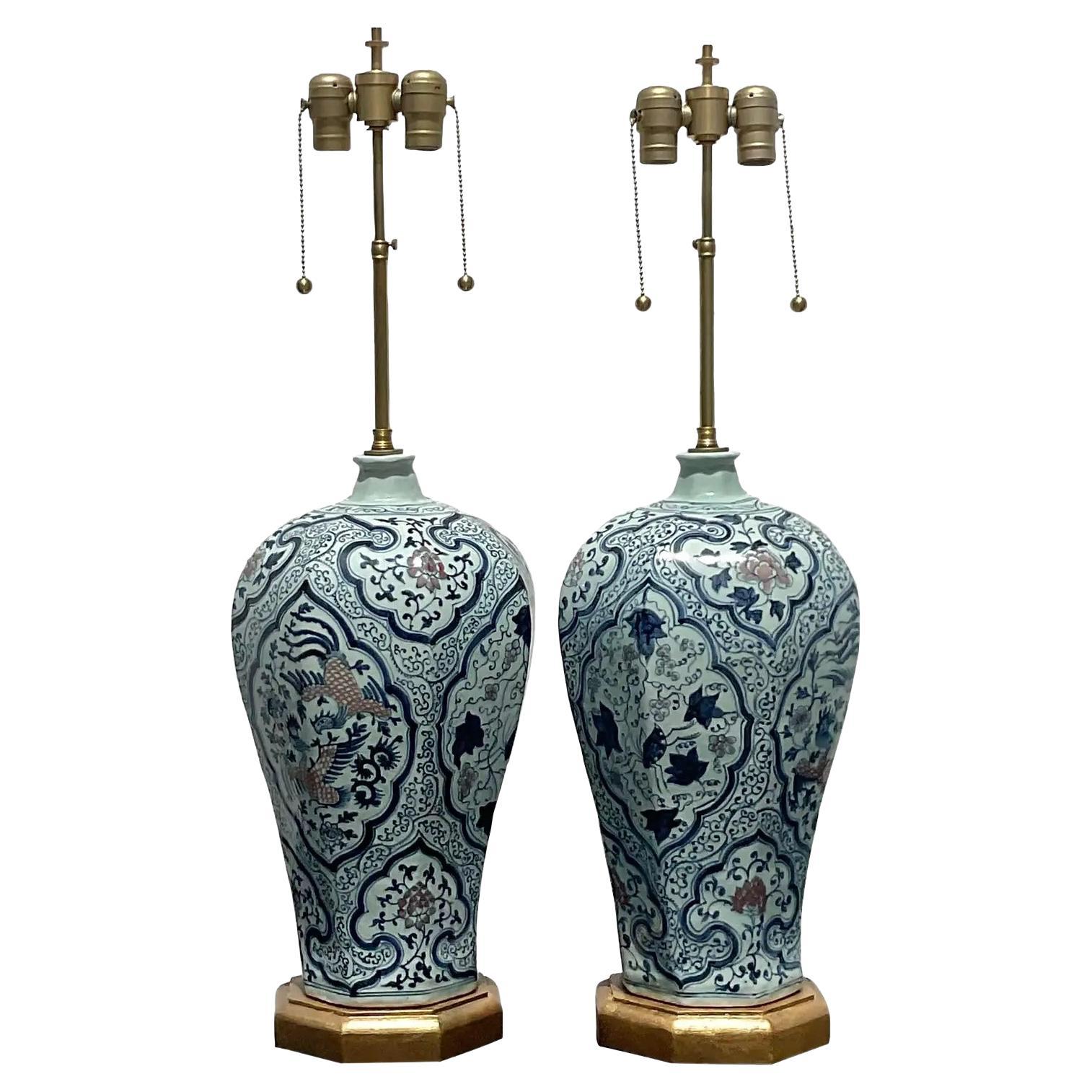 Vintage Asian Blue and White Glazed Ceramic Lamps, a Pair