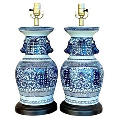 Vintage Asian Blue and White Glazed Ceramic Lamps, a Pair