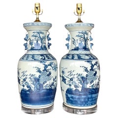 Vintage Asian Blue and White Glazed Ceramic Lamps - a Pair