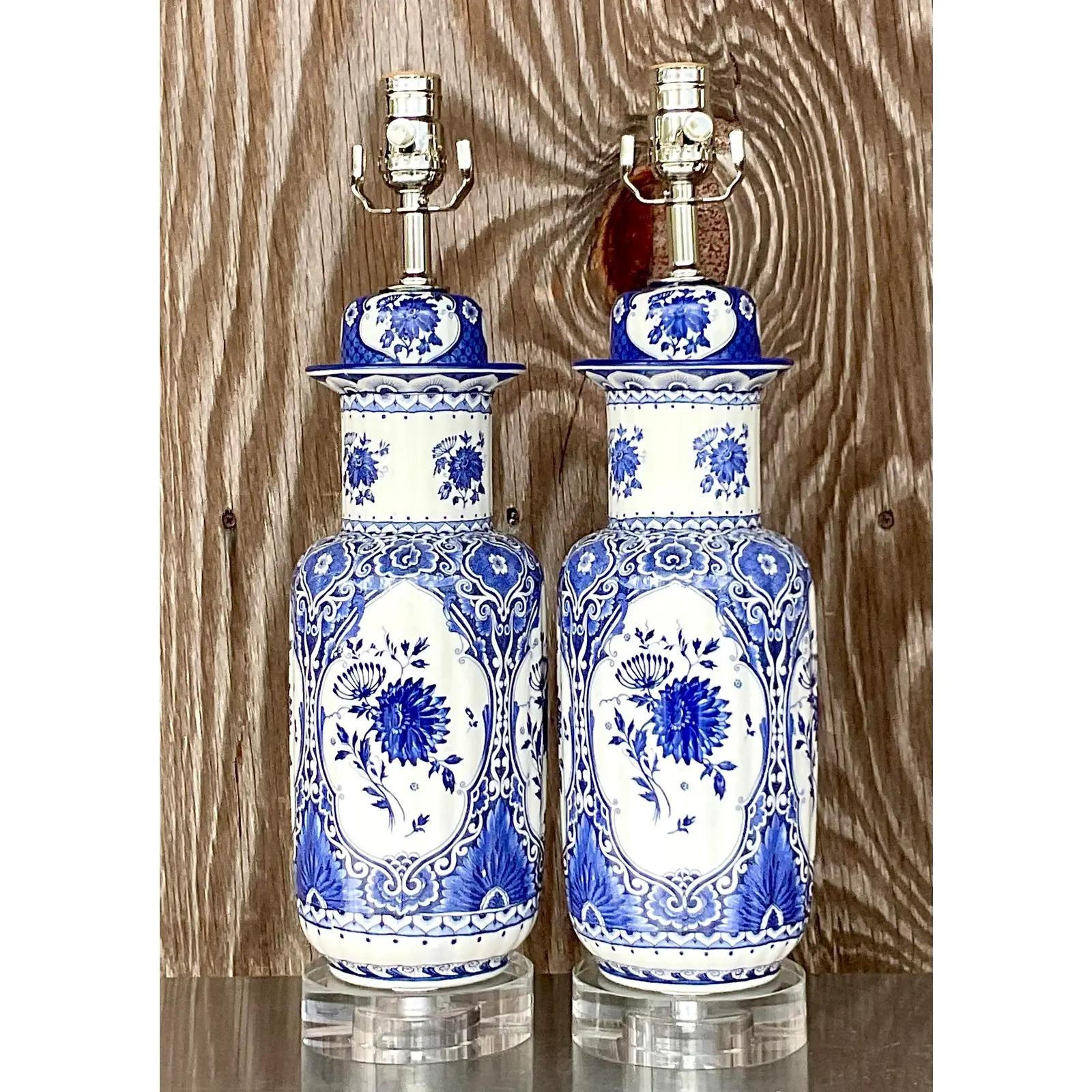North American Vintage Asian Blue and White Lamps - a Pair For Sale