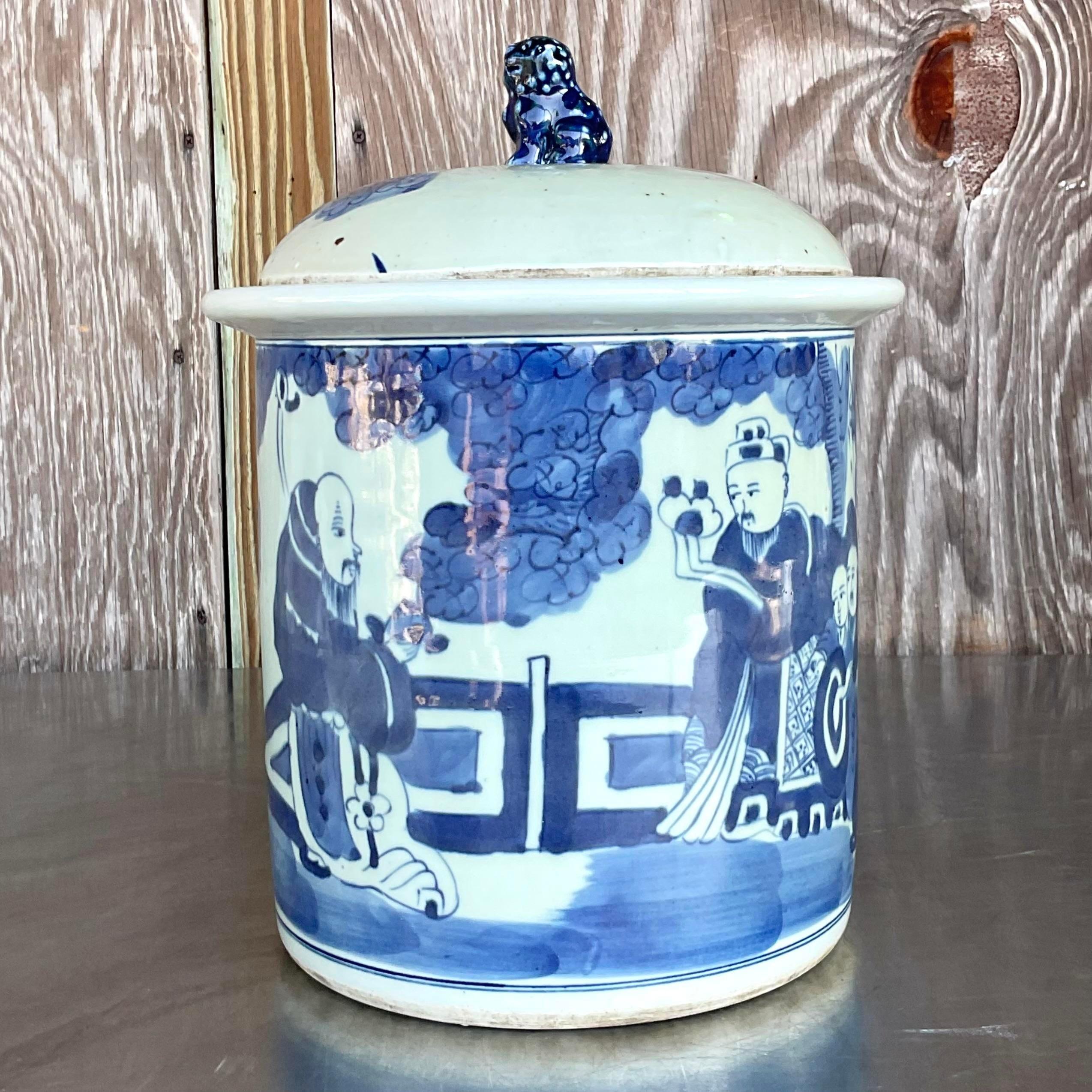 Contemporary Vintage Asian Blue and White Lidded Jar For Sale