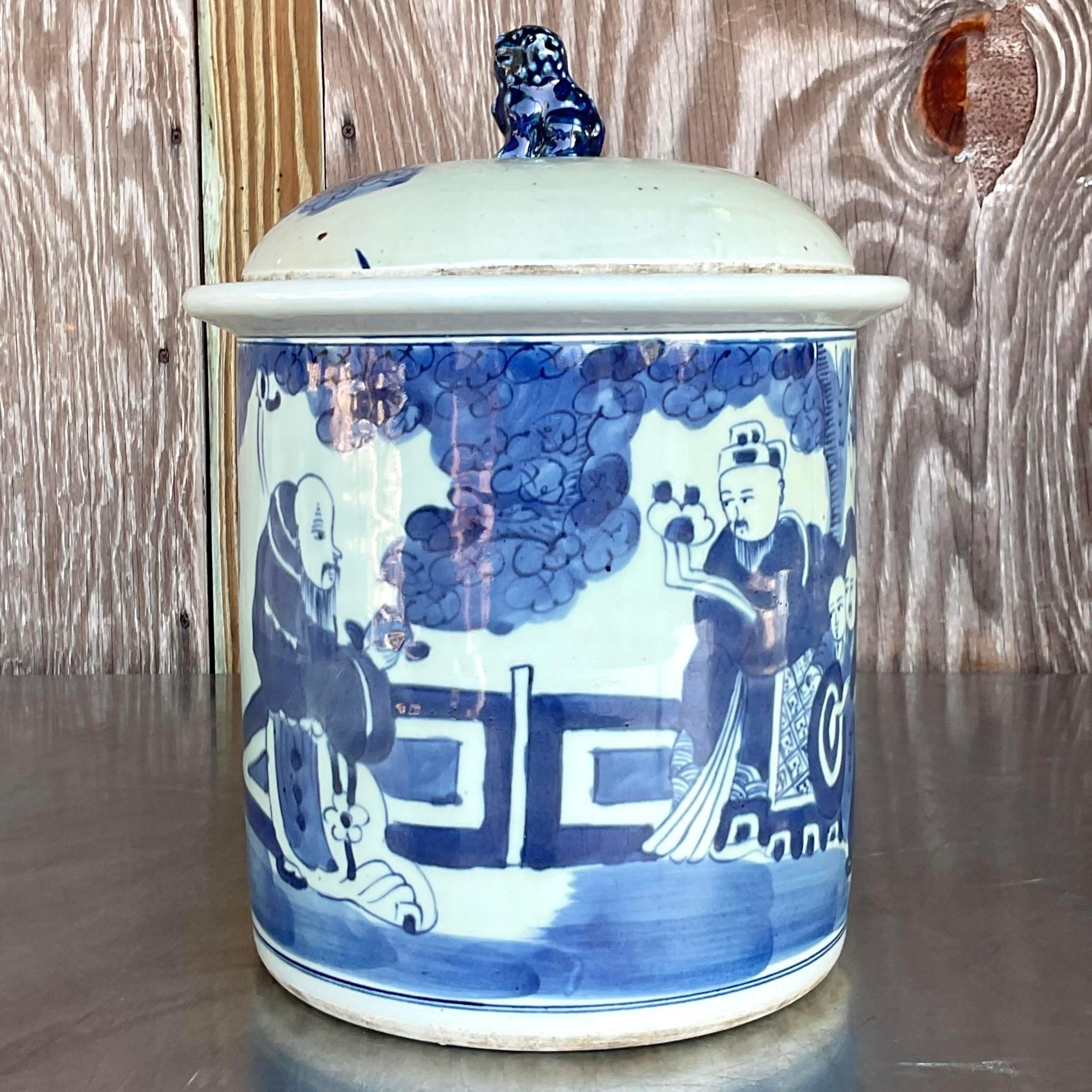 Ceramic Vintage Asian Blue and White Lidded Jar For Sale