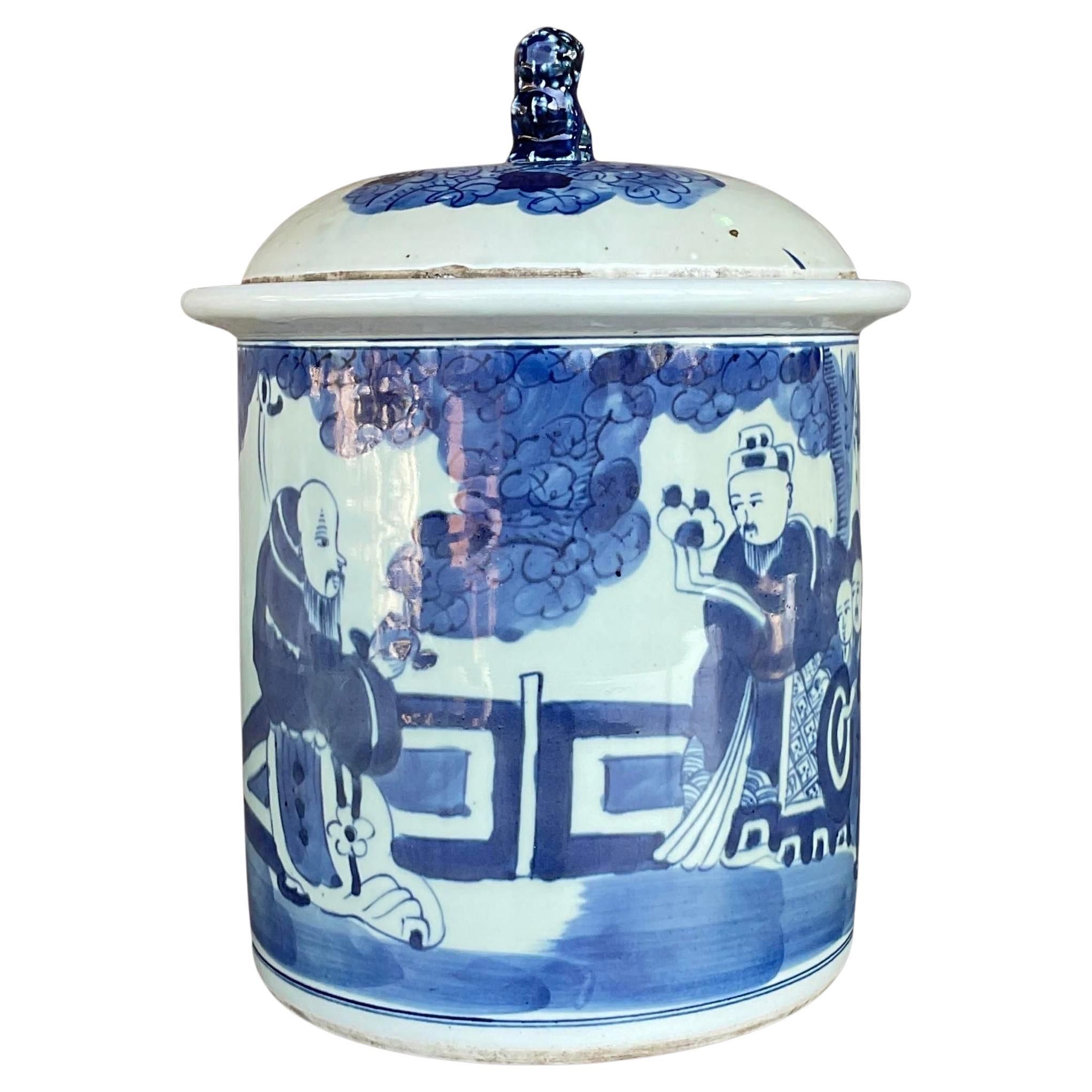 Vintage Asian Blue and White Lidded Jar For Sale