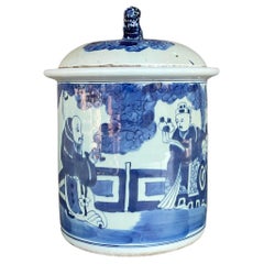 Jarre asiatique vintage à couvercle bleu et blanc