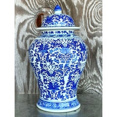 Vintage Asian Blue and White Lidded Urn