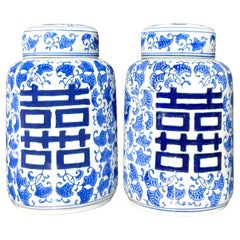 Paire d'urnes asiatiques vintage à couvercle bleu et blanc