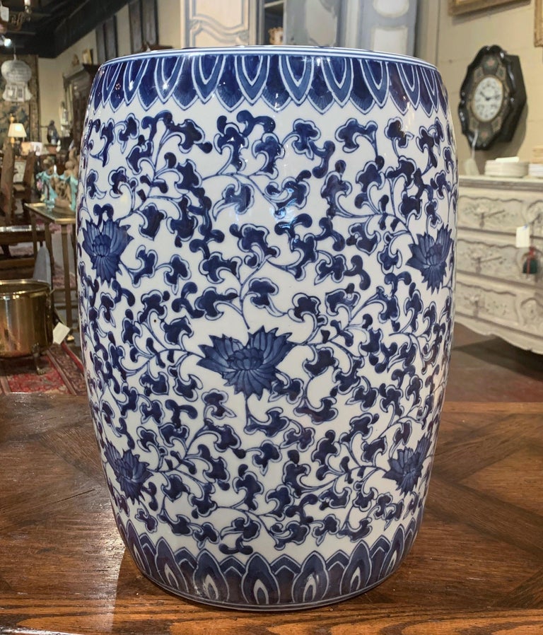 Vintage Asian Blue and White Painted Porcelain Garden Stool at 1stDibs